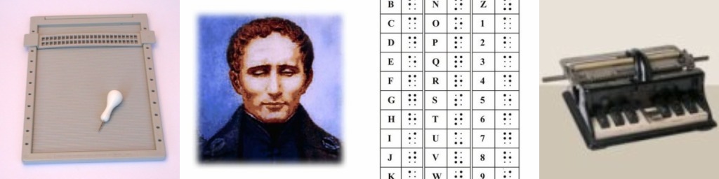 immagini di sfondo dell'intestazione della pagina. Riproduce in sequenza, da sinistra,  
					una tavoletta braille, l'immagine di Louis Braille, la tavola di corrispondenza alfabeto/braille e una dattilobraille